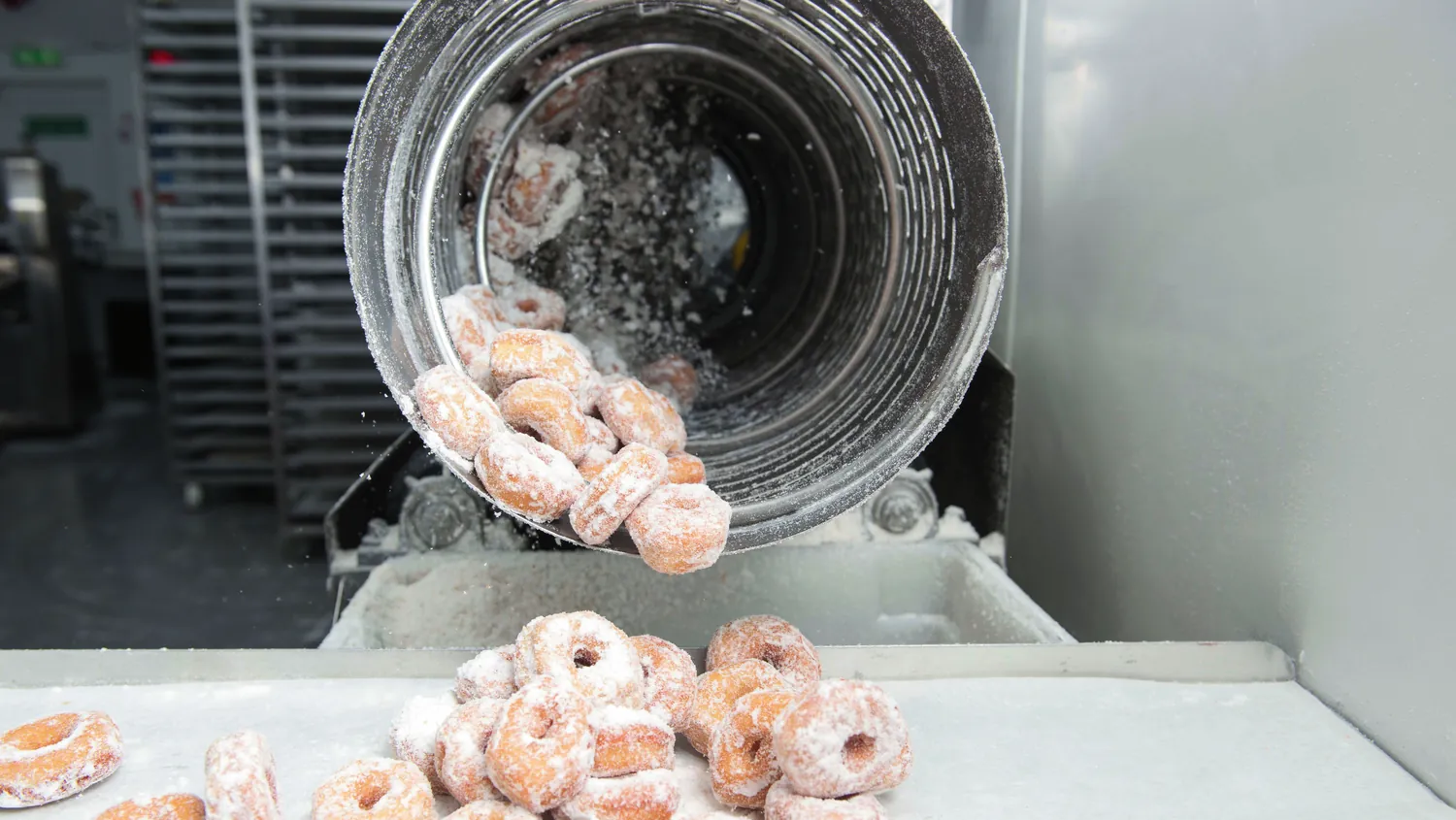 Freshly sugared mini ring doughnuts coming off the drum at the Simply Doughnuts plant