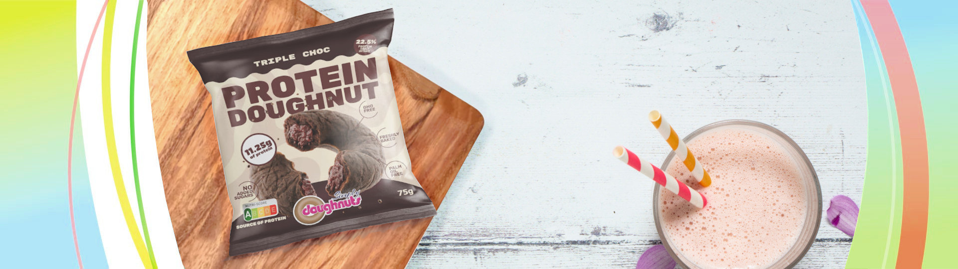 Protein Doughnut in its packaging on a wooden board